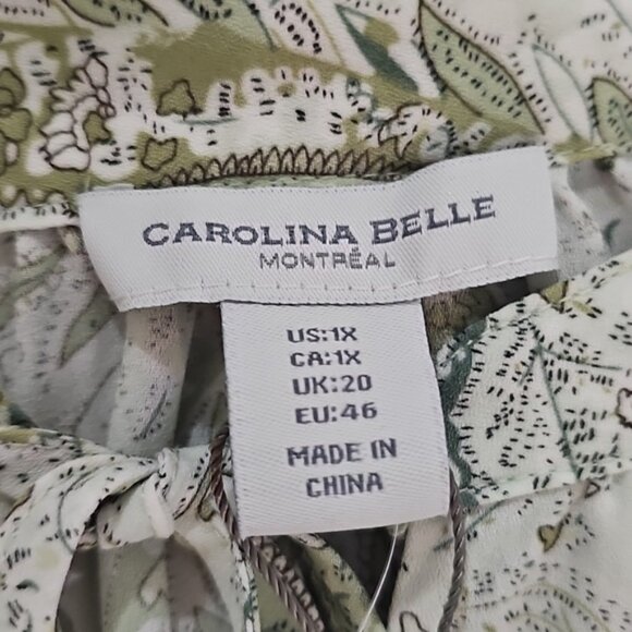 Carolina Belle Semi Sheer Cream And Green Paisley Tie Split Neck Top Plus Size1X - Picture 5 of 7